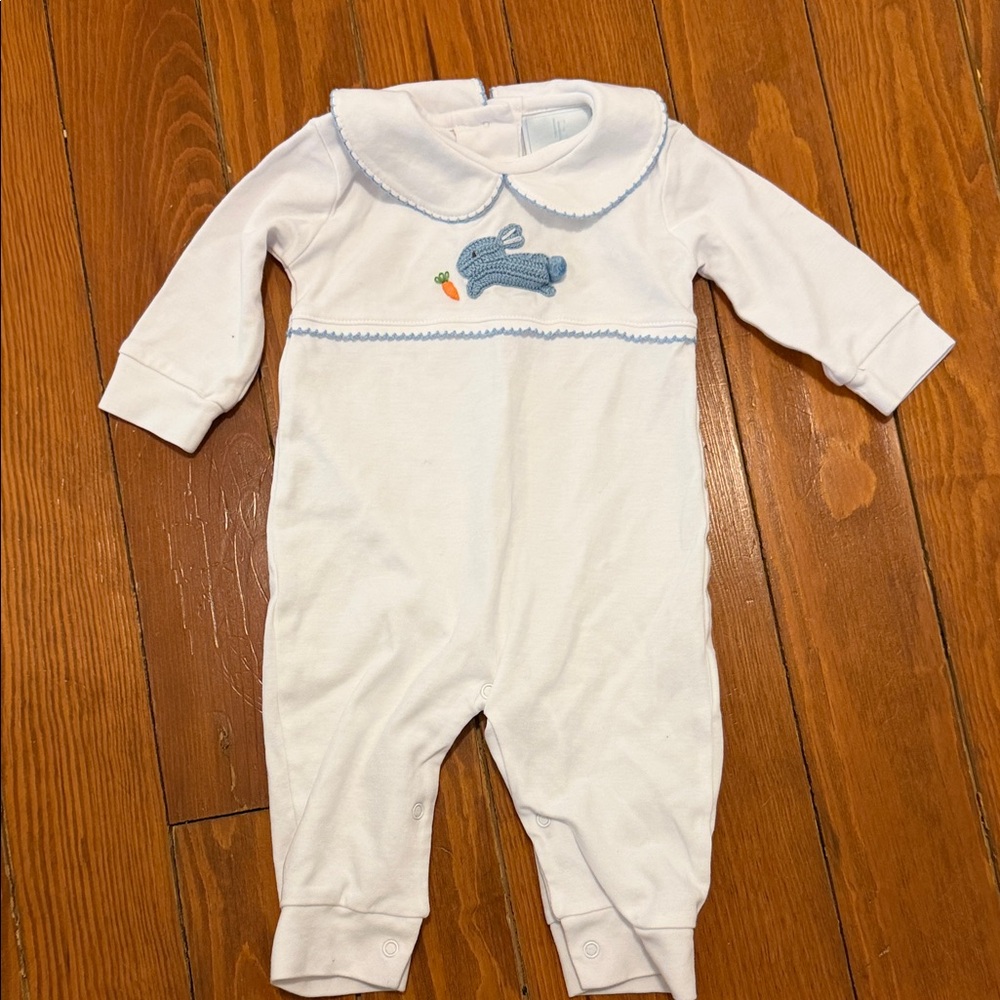 White Baby One-Piece with Blue Bunny Embroidery
